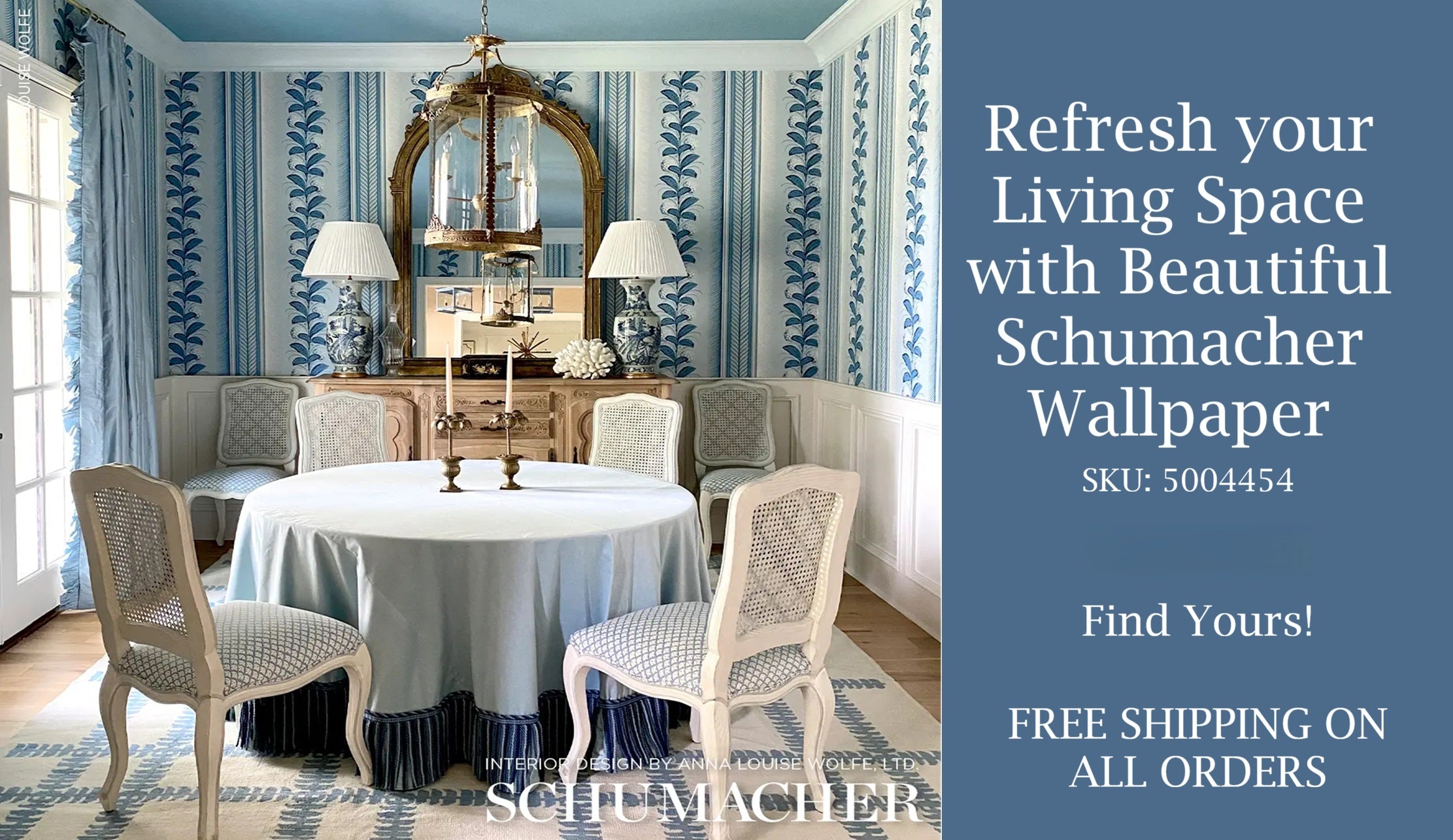 Dining room with Schumacher wallpaper and furniture, featuring promotional text for the brand.