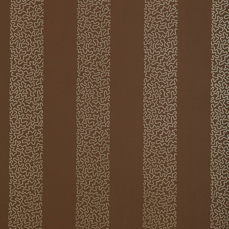 Brown and tan wallpaper with alternating solid brown stripes and narrow cream stripes.