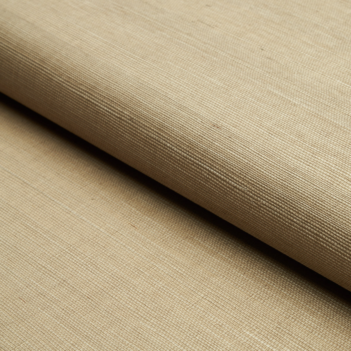 Beige sisal woven fabric roll with a coarse, textured crosshatch weave; burlap-like material.