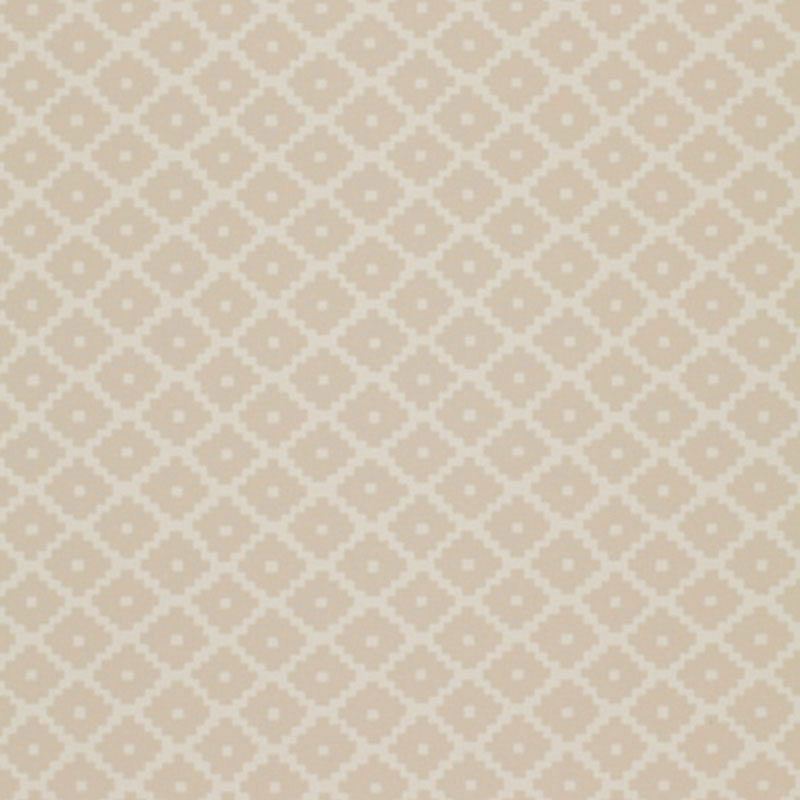 Beige wallpaper with a repeating white diamond lattice pattern and small central dots.