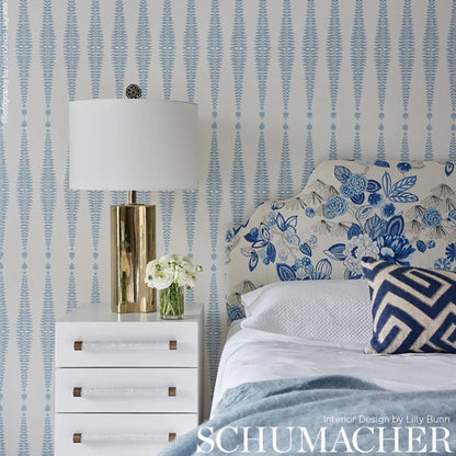 Fern Tree Wallpaper in Sky featuring stylized fern fronds arranged in a repeating geometric diamond pattern. The botanical motif has a soft sky-toned blue accent against a contrasting background, creating a refined balance of nature-inspired detail and modern graphic structure. Ideal for elegant interiors, accent walls, bedrooms, living rooms, and sophisticated designer spaces.