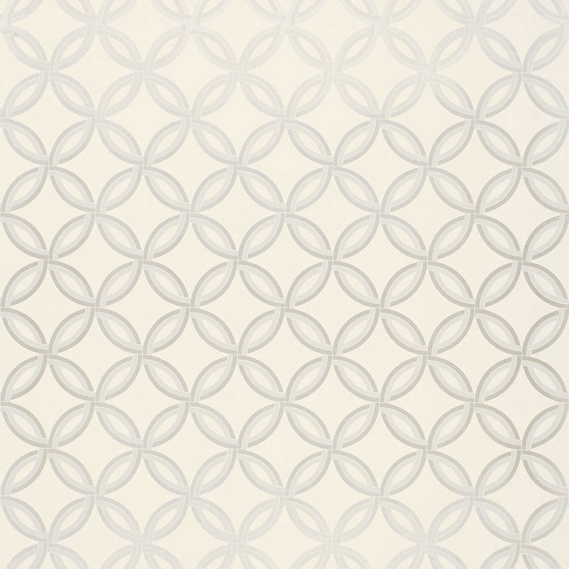 Beige wallpaper with a light gray interlocking circular ring pattern.