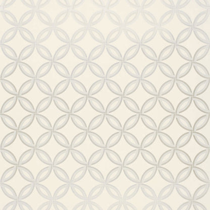 Beige wallpaper with a light gray interlocking circular ring pattern.