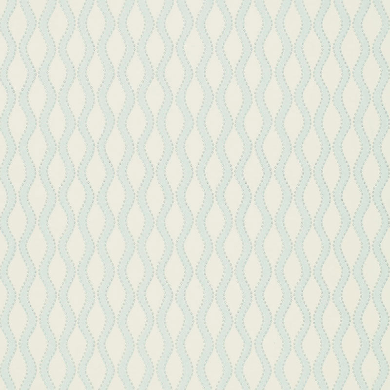 Cream wallpaper with pale blue, wavy lattice/trellis pattern.
