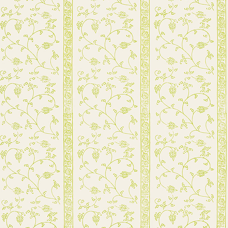 Lime green botanical vine wallpaper with vertical decorative borders on pale cream background.