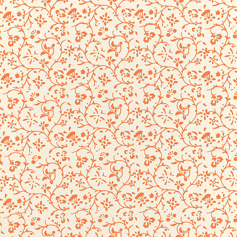 Cream background with orange floral vines and small blossoms; vintage botanical pattern for wallpaper or fabric.