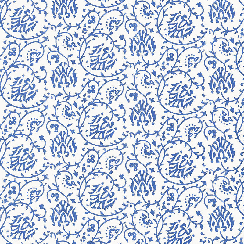 Blue floral medallion pattern with scrolling vines; seamless print for wallpaper or fabric