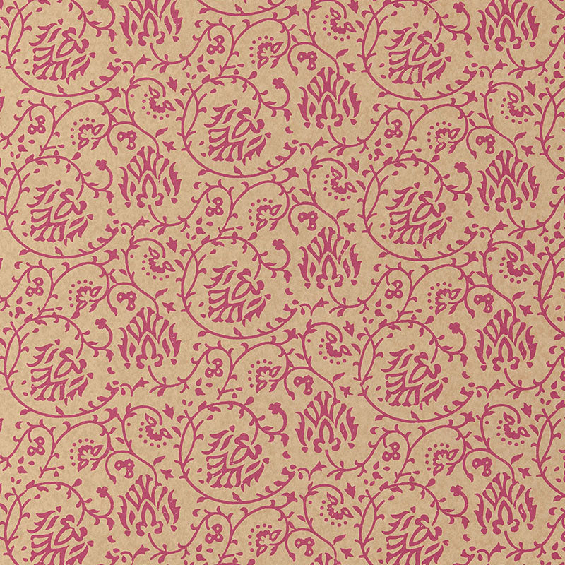 Cerise damask floral medallion vine pattern on fabric; ornate textile for upholstery or curtains.
