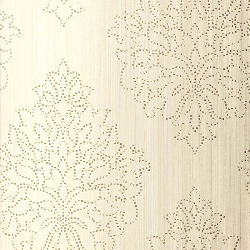 Cream wallpaper with taupe dotted damask motifs and subtle texture; ornate floral rosettes for living spaces.