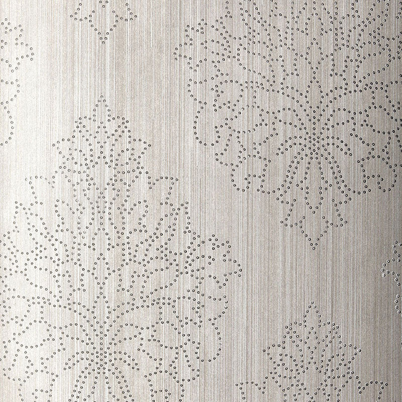 Silver damask wallpaper with dotted motifs and subtle vertical texture for elegant wallcovering.