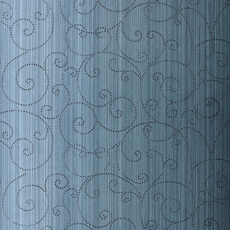 Peacock blue textured fabric with vertical stripes and beaded scroll pattern.