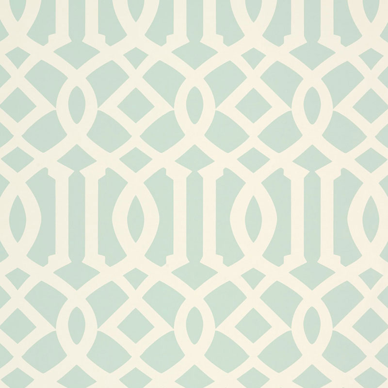 Pastel teal and cream geometric lattice wallpaper with interlocking arcs and diamonds.