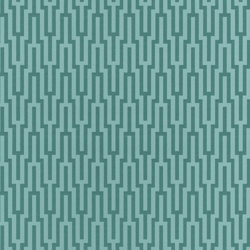 Teal geometric pattern of interlocking vertical link shapes, a muted turquoise wallpaper print.