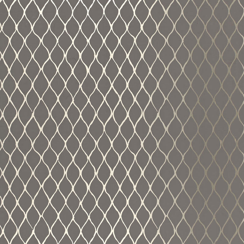 Grey wallpaper with cream interlocking curved lattice pattern; soft, modern geometric wall decor.