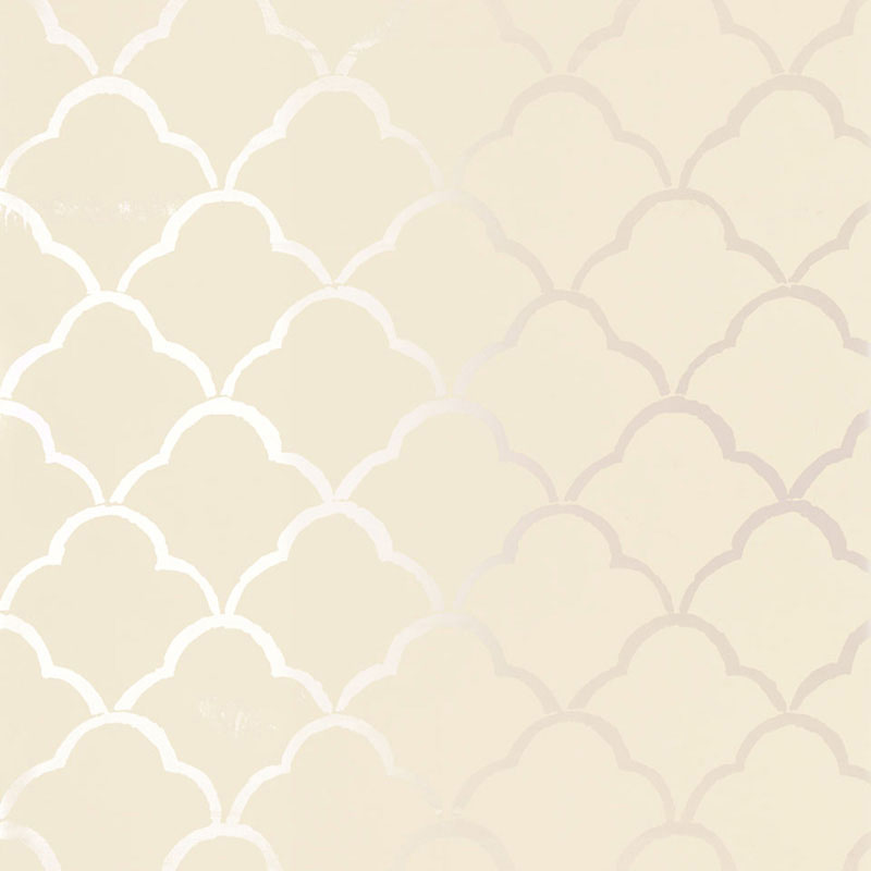 Beige wallpaper with repeating white scalloped arches forming a soft, decorative pattern.