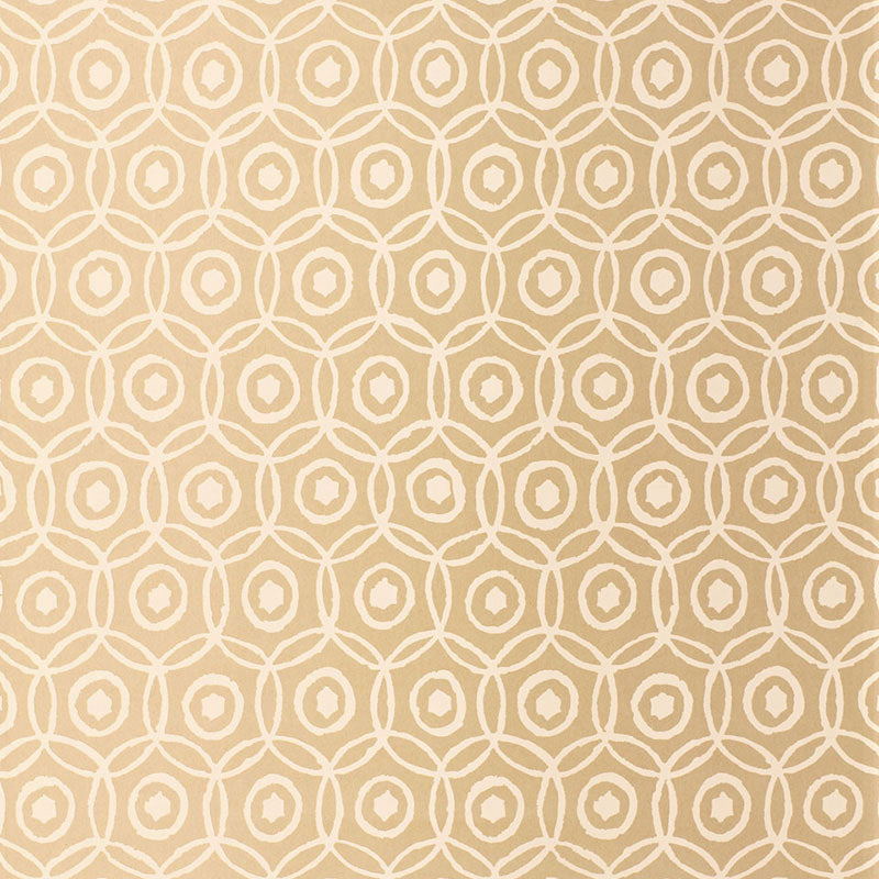 Beige wallpaper with cream interlocking circle loop pattern and geometric retro texture.