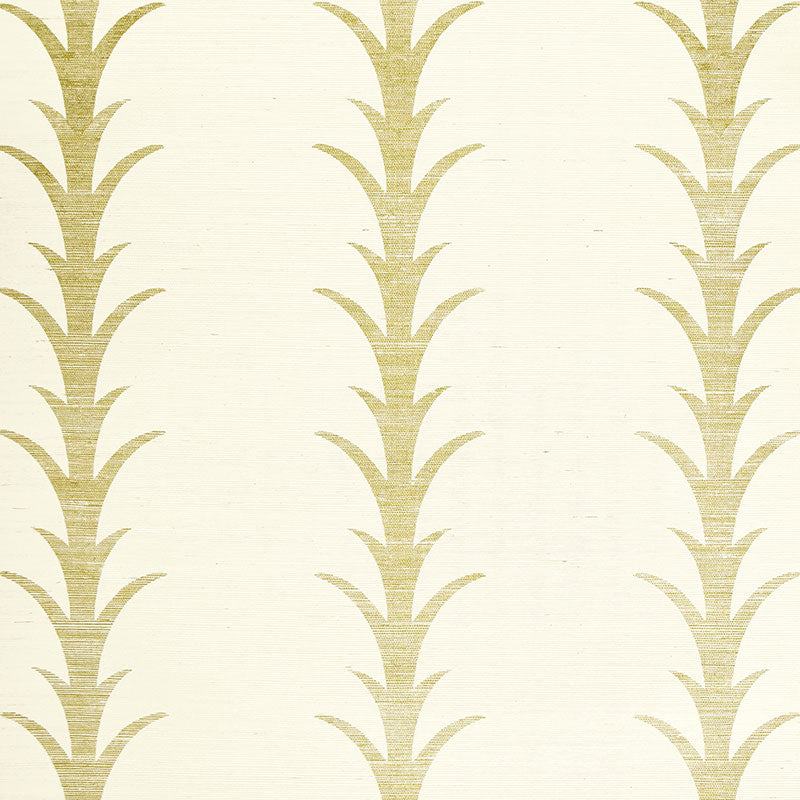 Cream wallpaper with vertical gold acanthus stripe filigree pattern forming repeating columns.