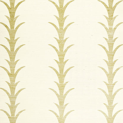 Cream wallpaper with vertical gold acanthus stripe filigree pattern forming repeating columns.