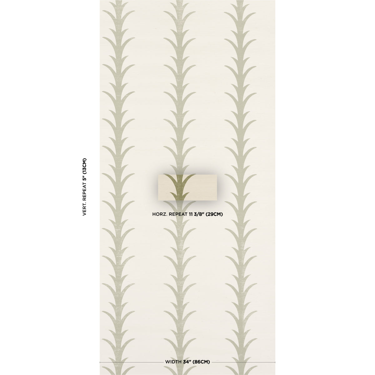 Cream wallpaper with vertical gray fern stripes; width 34 inches, vertical repeat 5 inches, horizontal repeat 11 3/8 inches.