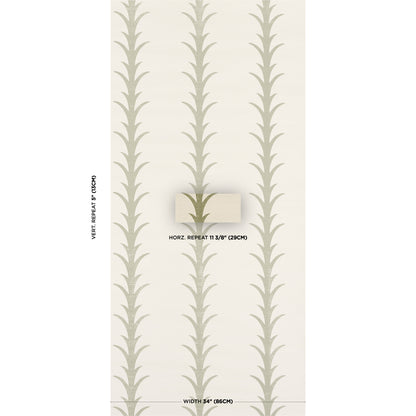 Cream wallpaper with vertical gray fern stripes; width 34 inches, vertical repeat 5 inches, horizontal repeat 11 3/8 inches.