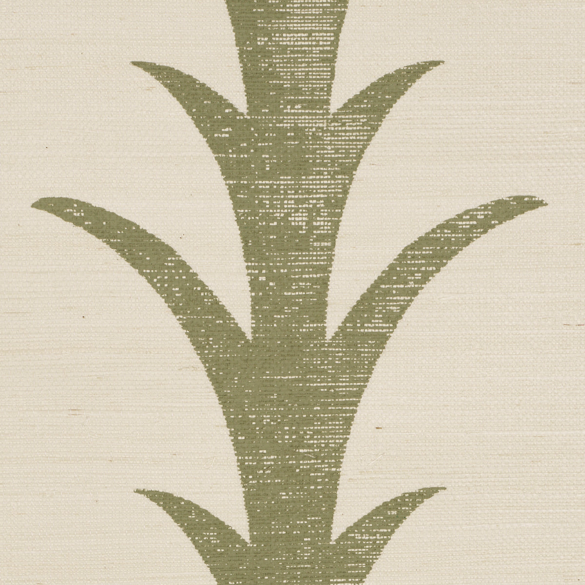 Olive-green acanthus stripe pattern on beige textured sisal rug.