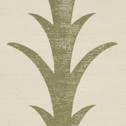 Olive-green acanthus stripe pattern on beige textured sisal rug.