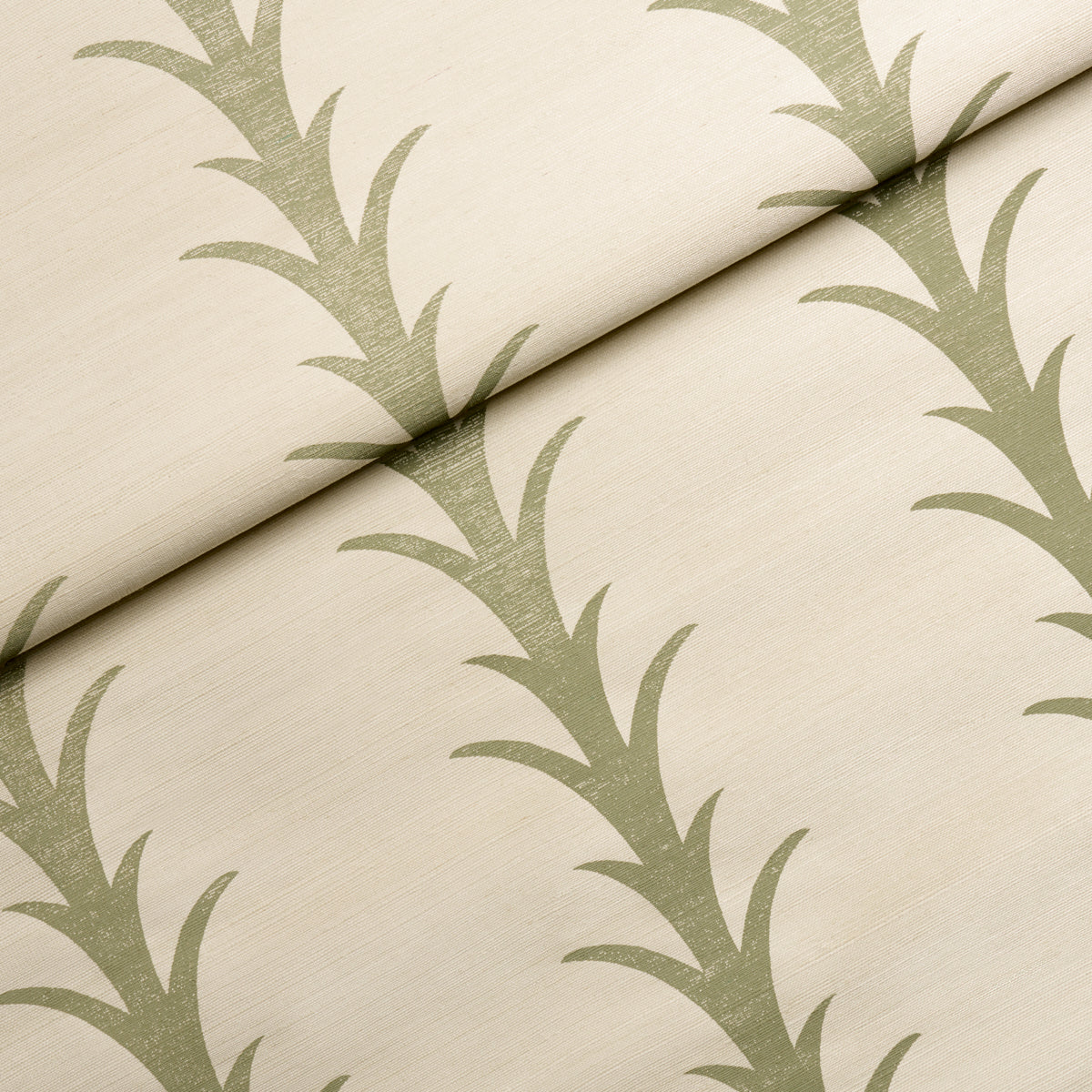 Olive acanthus-stripe sisal fabric swatch; rolled edge visible, textured woven fabric for upholstery or drapery.
