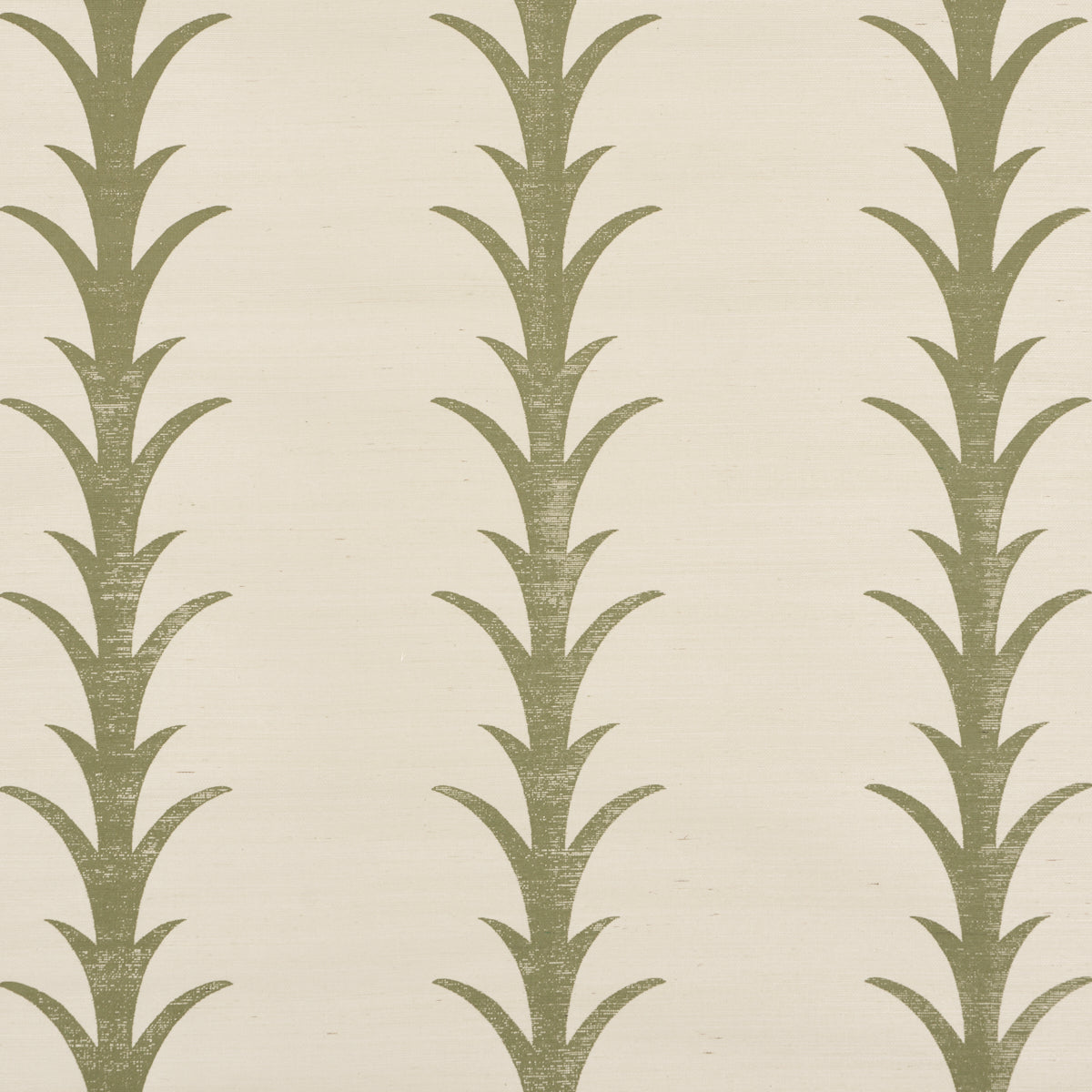 Olive wallpaper with vertical acanthus stripe pattern of stylized leaves in a repeating motif.