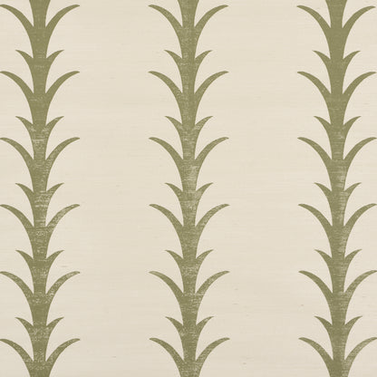 Olive wallpaper with vertical acanthus stripe pattern of stylized leaves in a repeating motif.