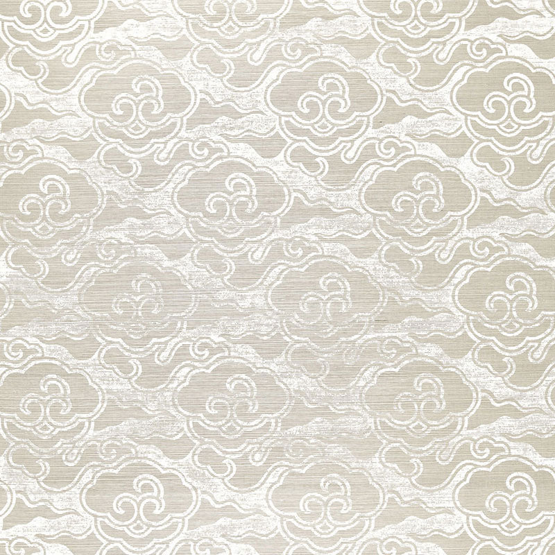 Cream and beige cloud-pattern fabric texture with scrolling motifs for an elegant decorative textile.