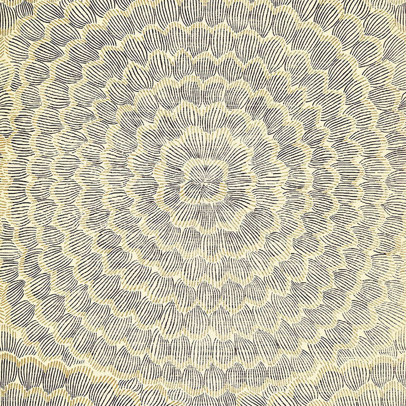 Radial mandala pattern in cream & navy with concentric petal shapes, decorative textile look.