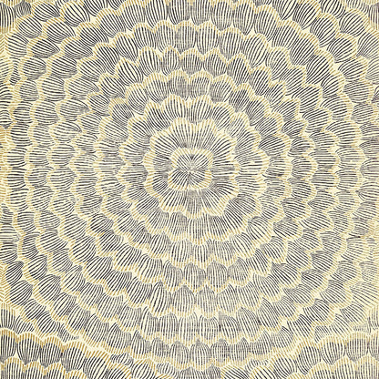 Radial mandala pattern in cream & navy with concentric petal shapes, decorative textile look.