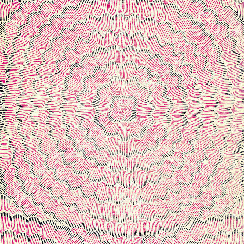 Pink and green radial mandala pattern with concentric scalloped rings on a pale background.