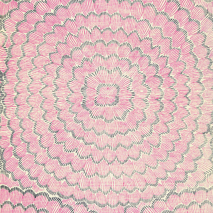 Pink and green radial mandala pattern with concentric scalloped rings on a pale background.