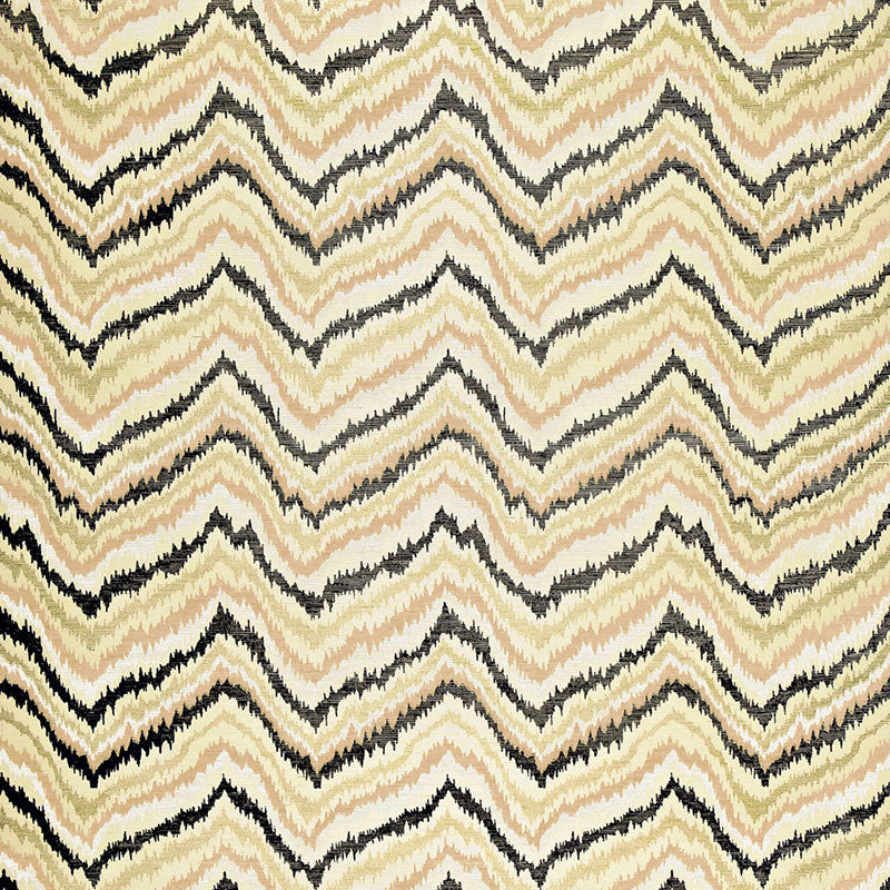 Chevron zigzag woven fabric in beige, cream, tan, gray and black; warm, wavy stripes for upholstery or apparel.