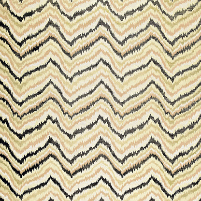 Chevron zigzag woven fabric in beige, cream, tan, gray and black; warm, wavy stripes for upholstery or apparel.