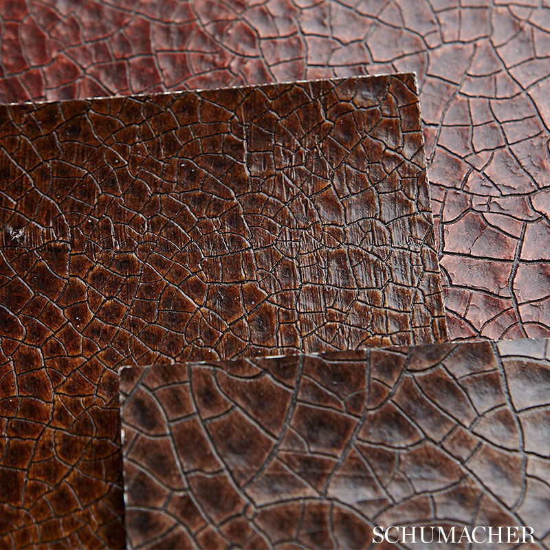 Cracked leather swatches in saddle tones with a textured crackle finish for upholstery.