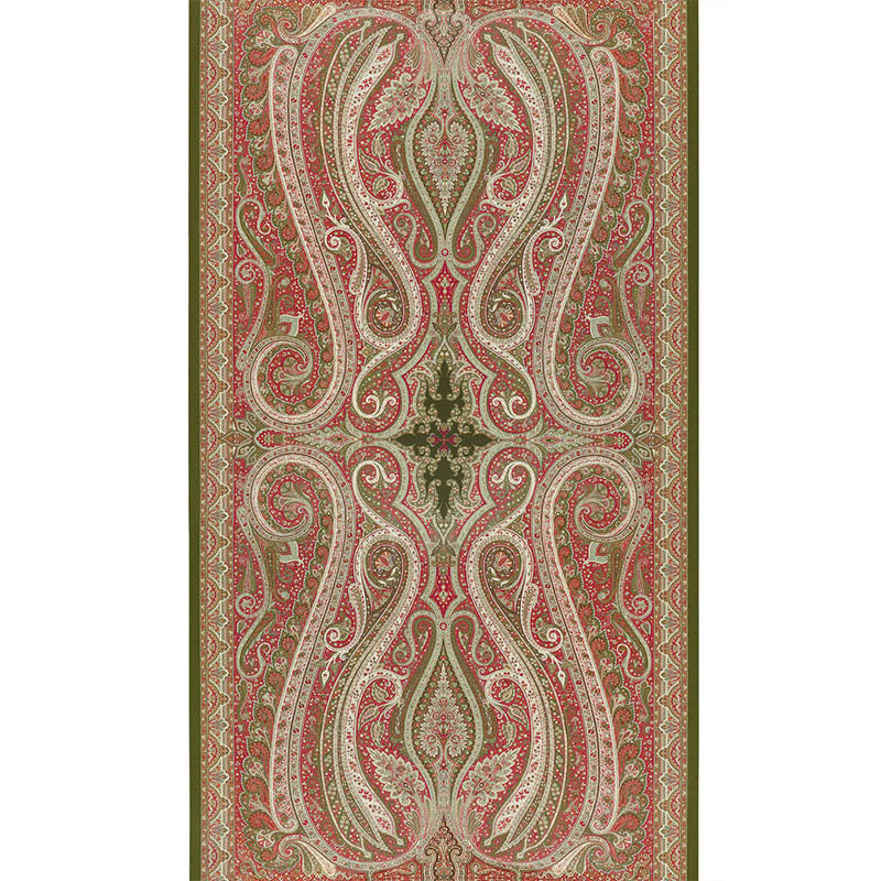 Red and beige paisley rug with a central medallion, olive-green border and intricate floral motifs.