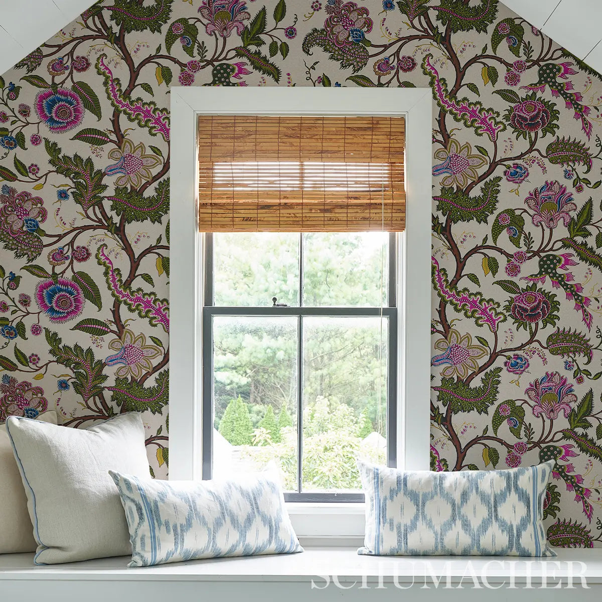 Sinhala Sidewall wallpaper jewel color by Schumacher, luxury tree of life designer wallpaper inspired by antique French indienne print, elegant non-woven wallcovering for living room, bedroom, dining room or feature wall, high-end traditional interior design, SKU 5006614