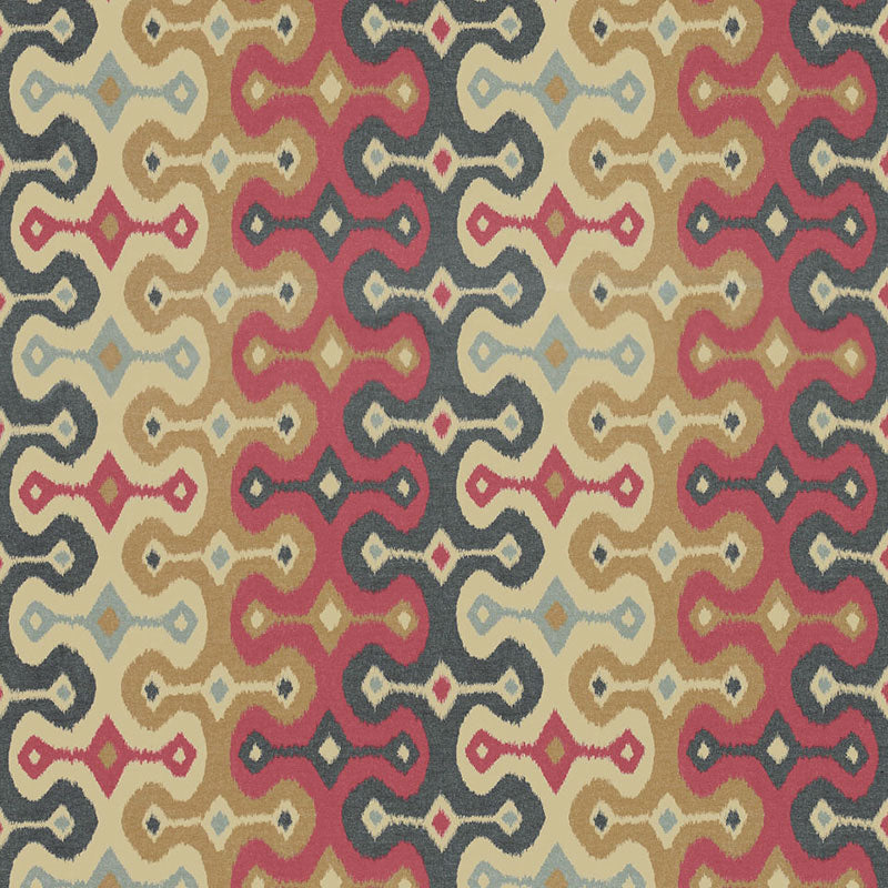 Retro geometric fabric pattern of interlocking S-shaped links in beige, teal, pink, navy and brown on cream.