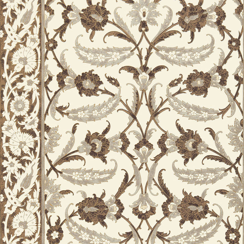 Ornate damask floral wallpaper in brown and taupe on ivory with a decorative left border.