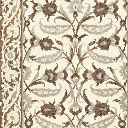 Ornate damask floral wallpaper in brown and taupe on ivory with a decorative left border.