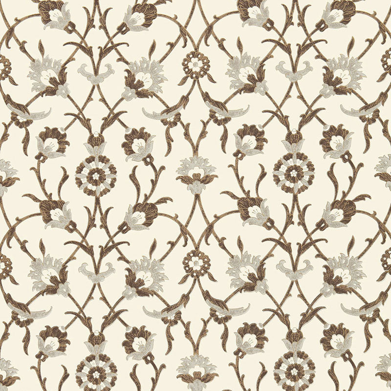 Beige damask wallpaper with brown vines and ivory flowers in a repeating circular floral motif.