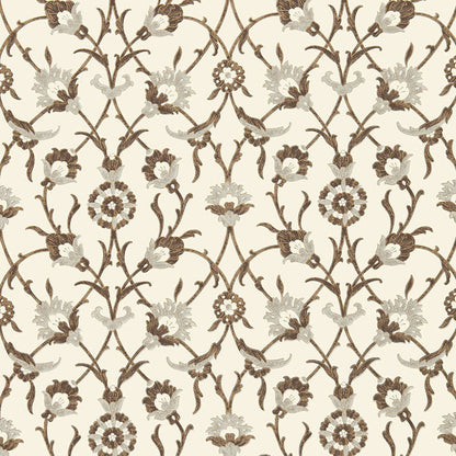 Beige damask wallpaper with brown vines and ivory flowers in a repeating circular floral motif.