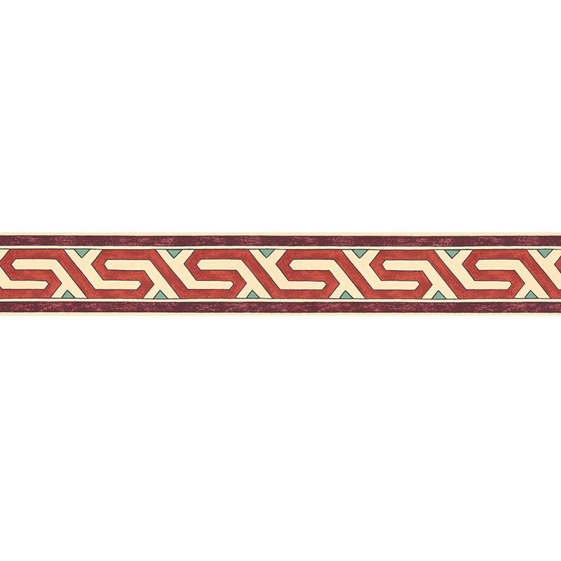 Red and cream Greek-key border trim with teal accent lines, decorative stripe for upholstery or wallpaper.