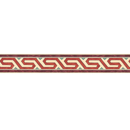 Red and cream Greek-key border trim with teal accent lines, decorative stripe for upholstery or wallpaper.