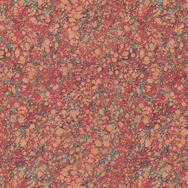 Marbled paper pattern in pink-coral base with peach bubbles and teal veins; vintage marbling texture for stationery.