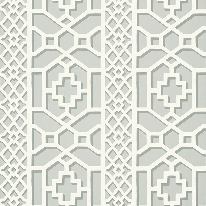 White geometric trellis pattern with interlocking shapes on a light gray background.