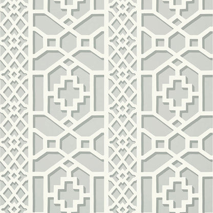 White geometric trellis pattern with interlocking shapes on a light gray background.