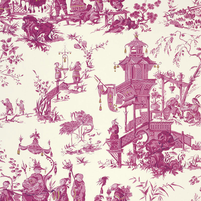 Magenta toile pattern with pagodas, bridges and villagers on an ivory background; chinoiserie home decor fabric or wallpaper.